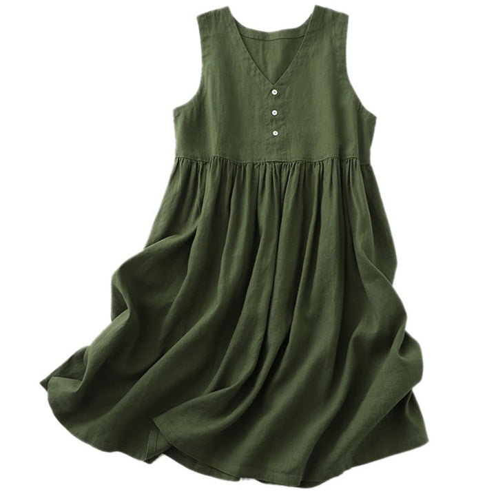 Vestido midi sin mangas con botones sencillos, cuello en V, informal, de uso diario, de Buddha Stones