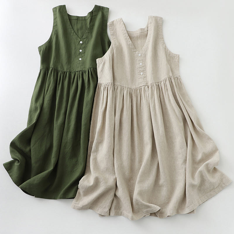 Vestido midi sin mangas con botones sencillos, cuello en V, informal, de uso diario, de Buddha Stones
