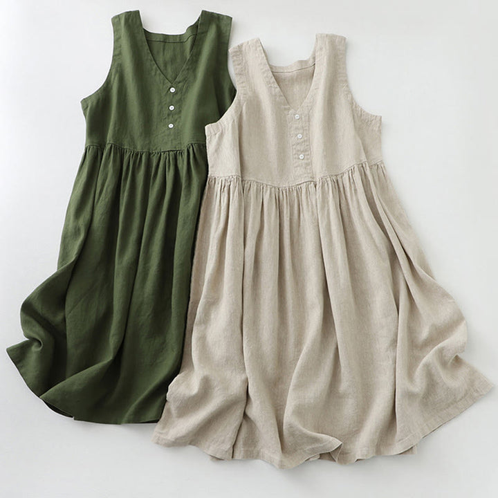 Vestido midi sin mangas con botones sencillos, cuello en V, informal, de uso diario, de Buddha Stones