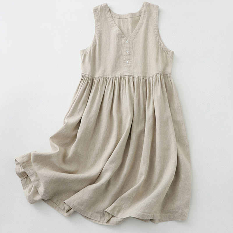 Vestido midi sin mangas de color liso con cuello en V y botones sencillos , de Buddha Stones Daily Casual. - Lino - US12, UK/AU16, EU44 (2XL) - image 0