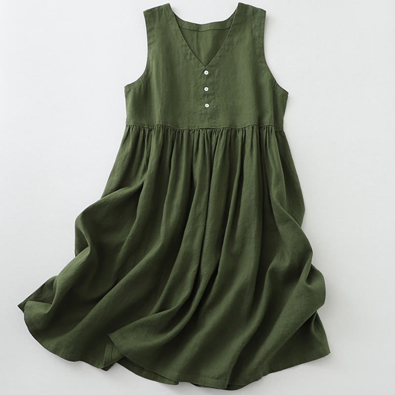 Vestido midi sin mangas con botones sencillos, cuello en V, informal, de uso diario, de Buddha Stones