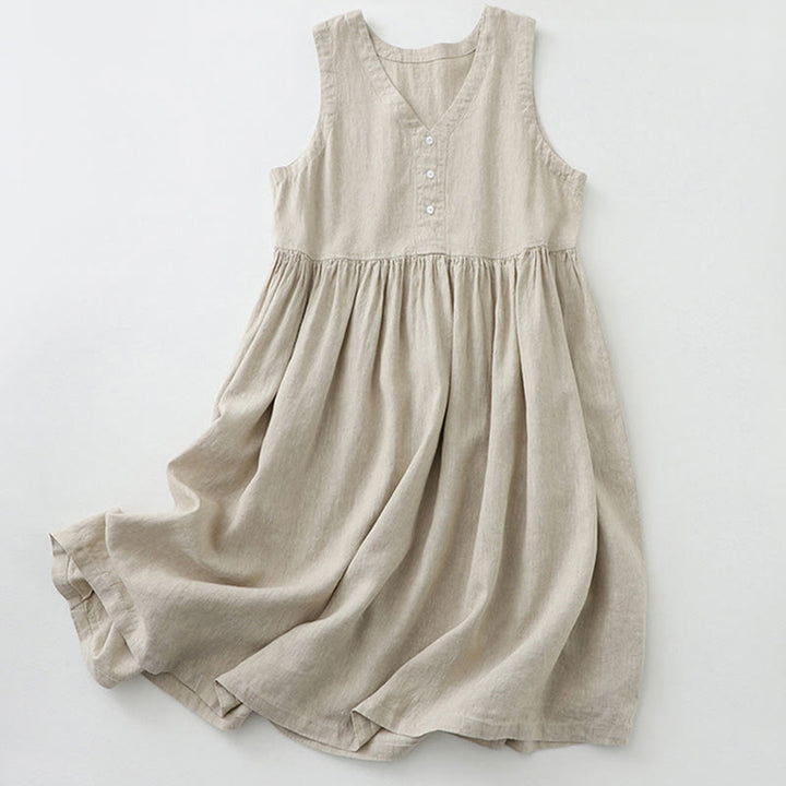 Vestido midi sin mangas con botones sencillos, cuello en V, informal, de uso diario, de Buddha Stones - Lino - US14，UK/AU18，EU46 (2XL) - image 0