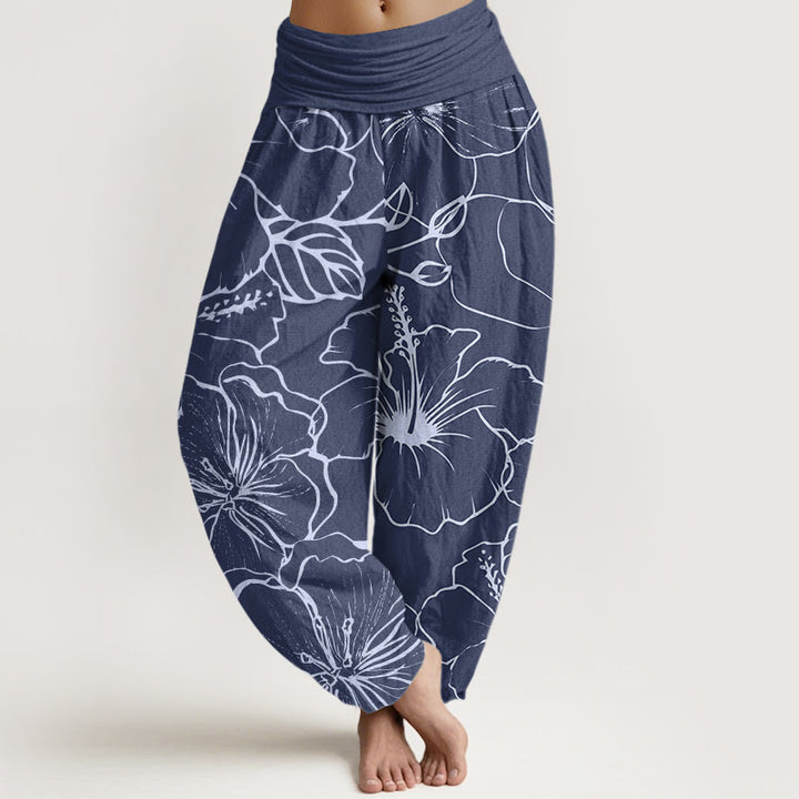 Pantalones bombachos de cintura elástica para mujer con diseño de flores y piedras de Buddha Stones en algodón. - Azul acero - US22，UK/AU26，EU54 (6XL) - image 0