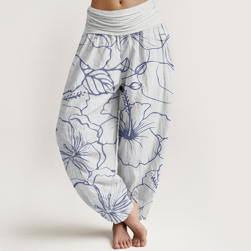 Pantalones bombachos de cintura elástica para mujer con diseño de flores y piedras de Buddha Stones en algodón. - Nieve - US22，UK/AU26，EU54 (6XL) - image 4