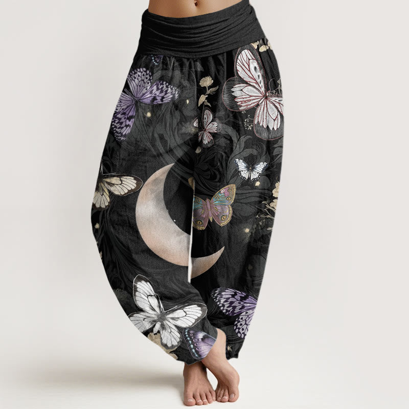 Pantalones bombachos de cintura elástica para mujer con diseño de mariposas, flores y luna creciente en algodón con Buddha Stones. - Negro - US22，UK/AU26，EU54 (6XL) - image 0
