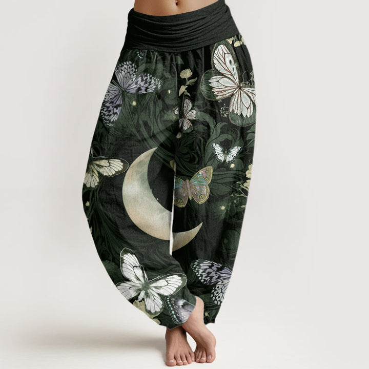 Pantalones bombachos de cintura elástica para mujer con diseño de mariposas, flores y luna creciente en algodón con Buddha Stones. - Gris pizarra oscuro - US22，UK/AU26，EU54 (6XL) - image 4