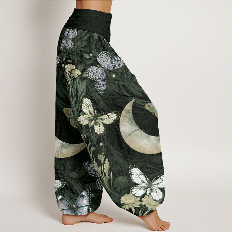 Pantalones bombachos de cintura elástica para mujer con diseño de mariposas, flores y luna creciente en algodón con Buddha Stones. - image 6