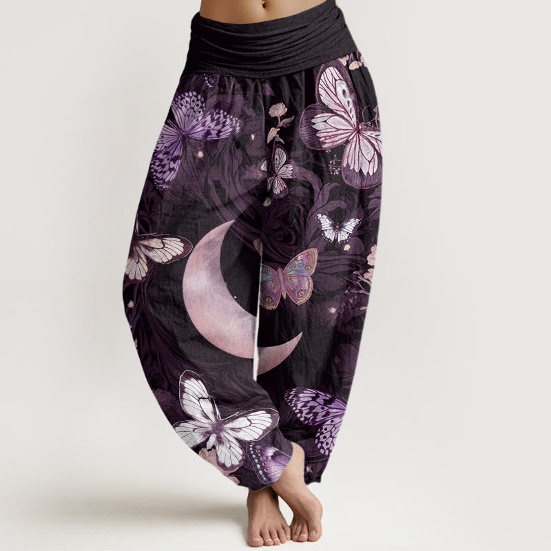 Pantalones bombachos de cintura elástica para mujer con diseño de mariposas, flores y luna creciente en algodón con Buddha Stones. - Ciruela - US22，UK/AU26，EU54 (6XL) - image 7