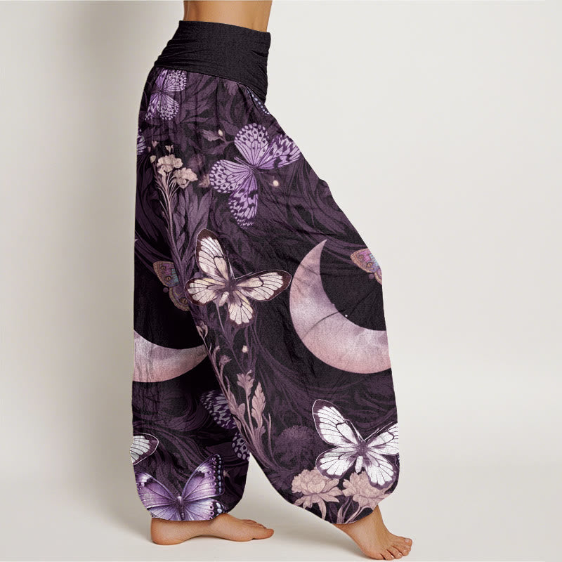 Pantalones bombachos de cintura elástica para mujer con diseño de mariposas, flores y luna creciente en algodón con Buddha Stones. - image 9