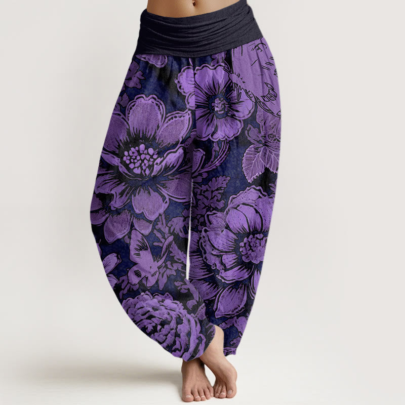 Pantalones bombachos de cintura elástica para mujer con estampado de flores de peonía, Buddha Stones en algodón. - Púrpura - US22，UK/AU26，EU54 (6XL) - image 0