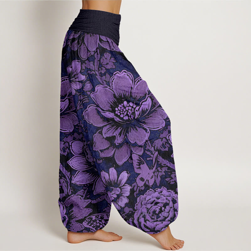 Pantalones bombachos de cintura elástica para mujer con estampado de flores de peonía, Buddha Stones en algodón. - image 2