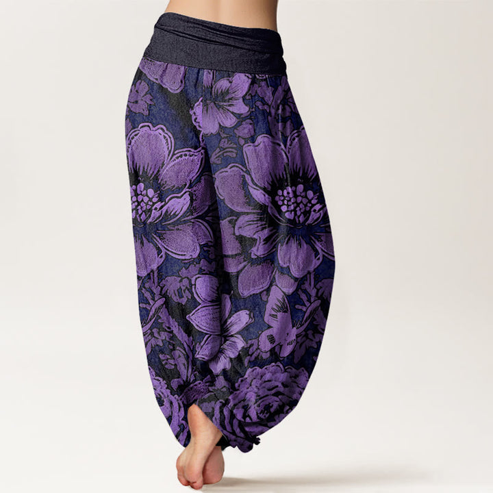 Pantalones bombachos de cintura elástica para mujer con estampado de flores de peonía, Buddha Stones en algodón. - image 1