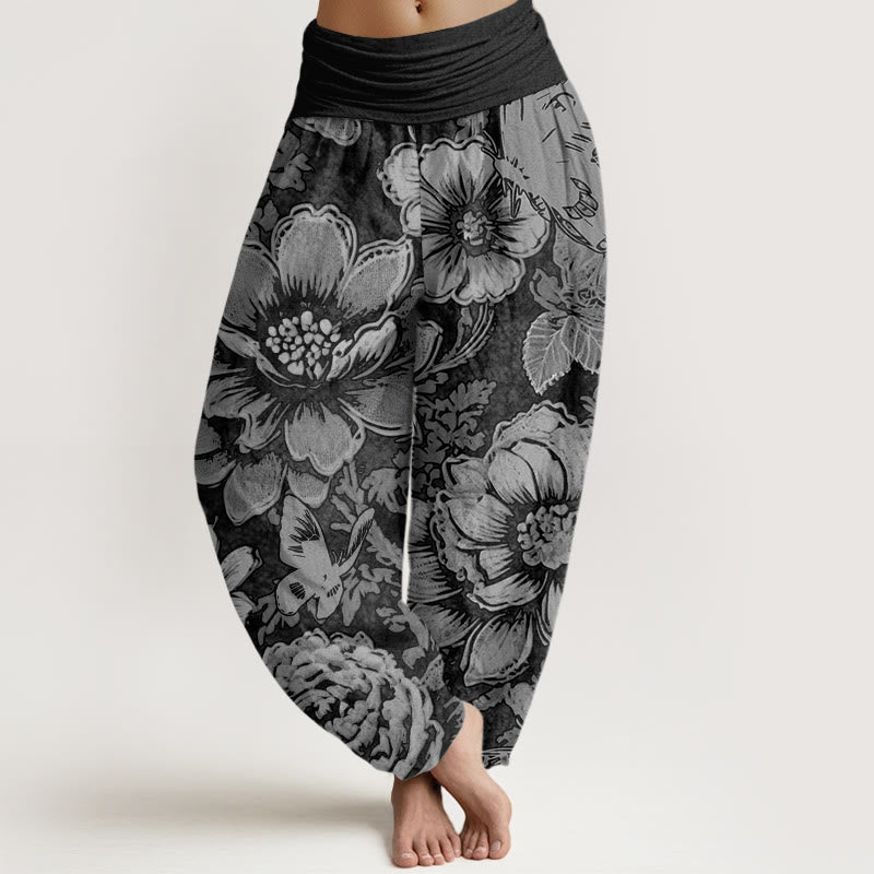 Pantalones bombachos de cintura elástica para mujer con estampado de flores de peonía, Buddha Stones en algodón. - Negro - US22，UK/AU26，EU54 (6XL) - image 4