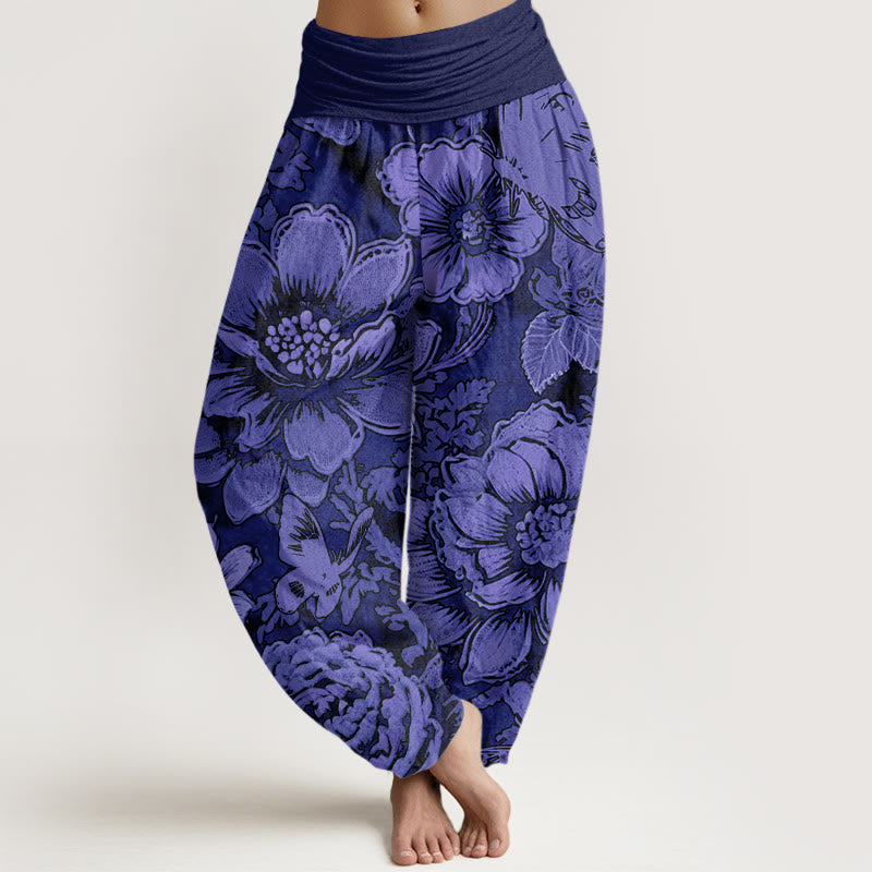 Pantalones bombachos de cintura elástica para mujer con estampado de flores de peonía, Buddha Stones en algodón. - Violeta oscuro - US22，UK/AU26，EU54 (6XL) - image 7