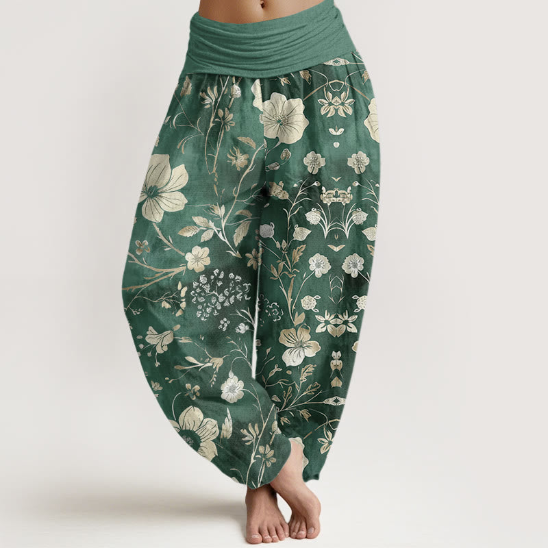Pantalones bombachos de cintura elástica para mujer con estampado de flores blancas, enredaderas y Buddha Stones. - Aguamarina medio - US22，UK/AU26，EU54 (6XL) - image 0