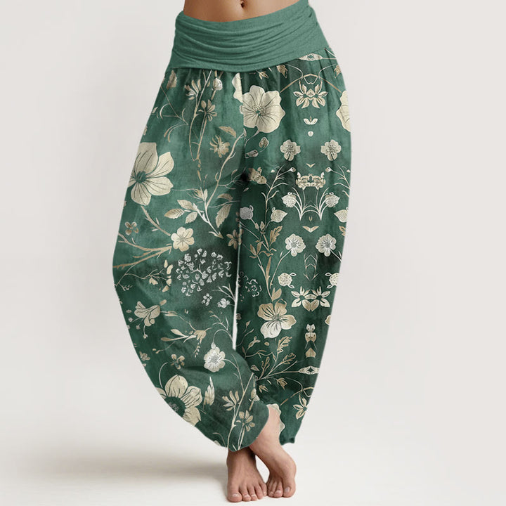 Pantalones bombachos de cintura elástica para mujer con estampado de flores blancas, enredaderas y Buddha Stones. - Aguamarina medio - US22，UK/AU26，EU54 (6XL) - image 0