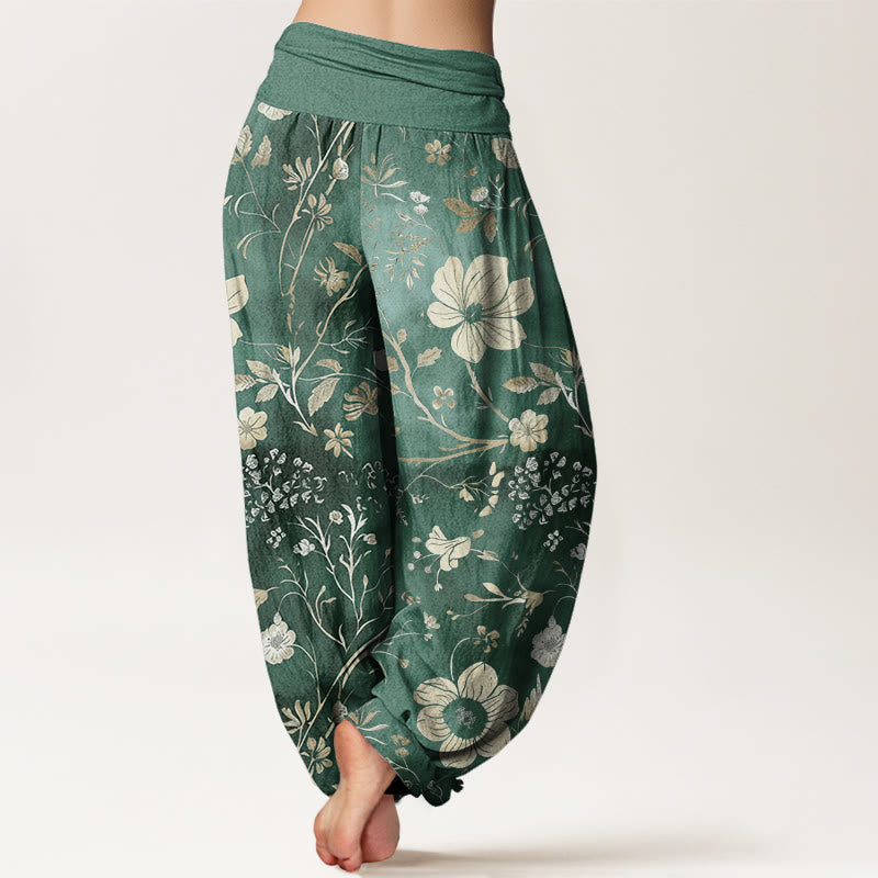 Pantalones bombachos de cintura elástica para mujer con estampado de flores blancas, enredaderas y Buddha Stones. - image 1
