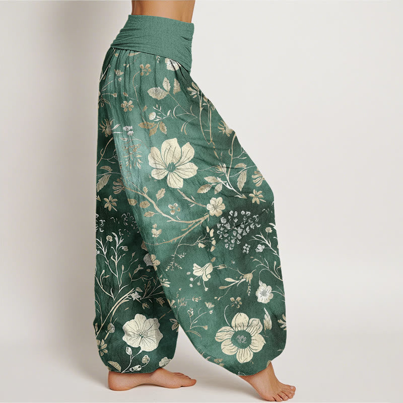 Pantalones bombachos de cintura elástica para mujer con estampado de flores blancas, enredaderas y Buddha Stones. - image 2