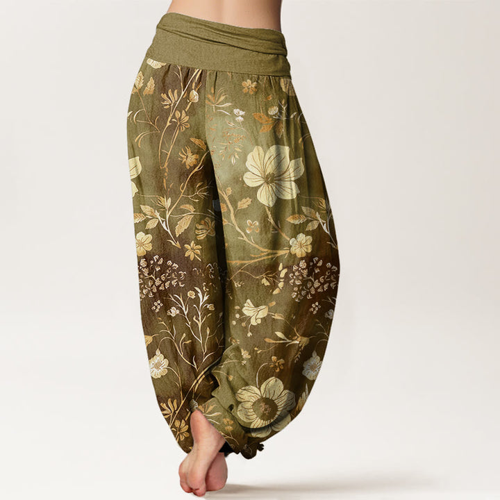 Pantalones bombachos de cintura elástica para mujer con estampado de flores blancas, enredaderas y Buddha Stones. - image 5