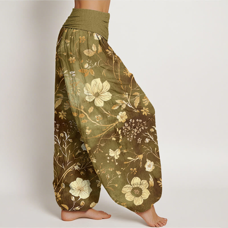 Pantalones bombachos de cintura elástica para mujer con estampado de flores blancas, enredaderas y Buddha Stones. - image 6