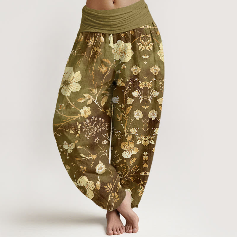Pantalones bombachos de cintura elástica para mujer con estampado de flores blancas, enredaderas y Buddha Stones. - Caqui oscuro - US22，UK/AU26，EU54 (6XL) - image 4