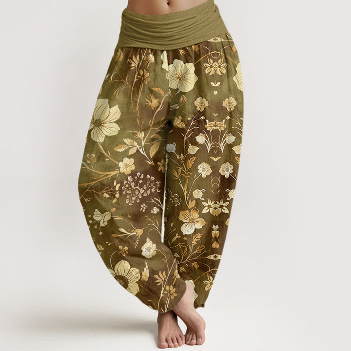 Pantalones bombachos de cintura elástica para mujer con estampado de flores blancas, enredaderas y Buddha Stones. - Caqui oscuro - US22，UK/AU26，EU54 (6XL) - image 4