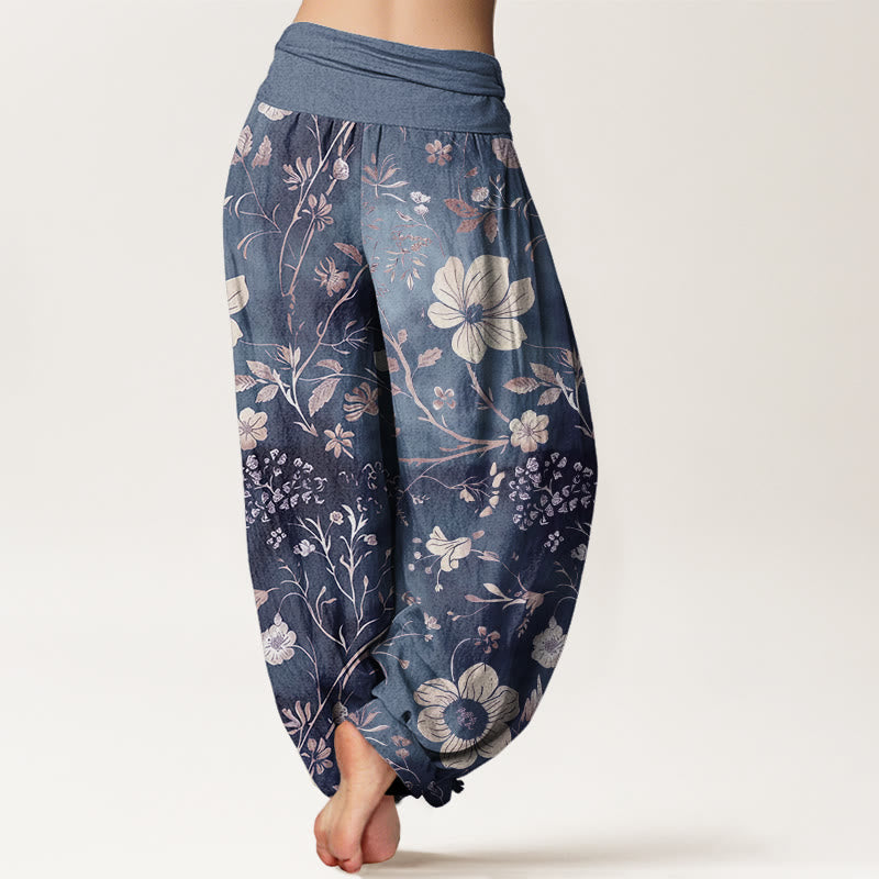 Pantalones bombachos de cintura elástica para mujer con estampado de flores blancas, enredaderas y Buddha Stones. - image 8