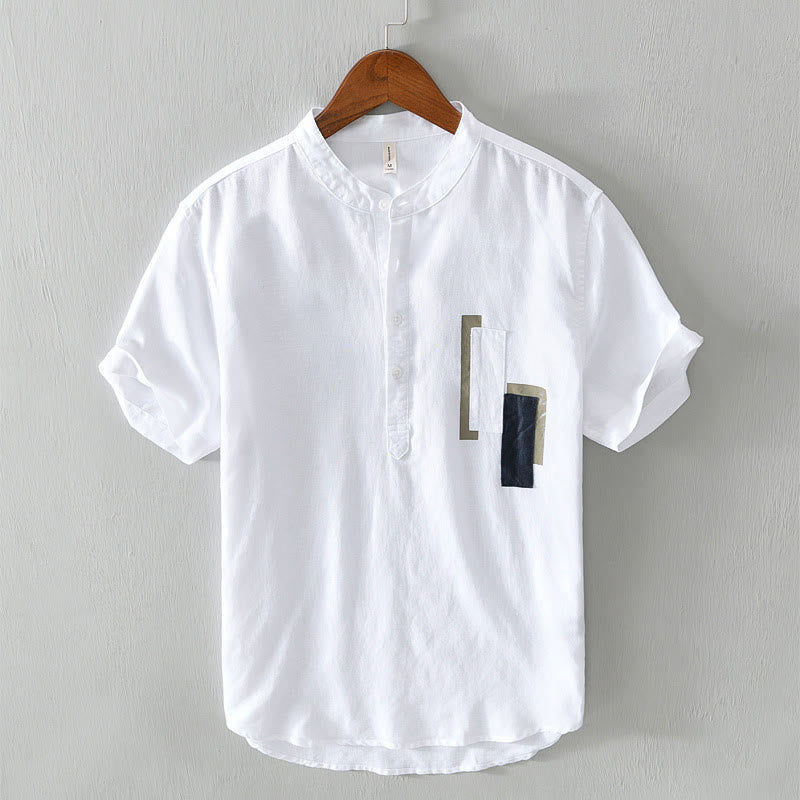 Camisa de lino y algodón de manga corta para hombre con diseño a juego de colores y parches lisos de Buddha Stones Daily - Blanco - US/UK/AU42, EU52 (3XL) - image 1