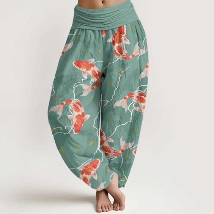 Pantalones bombachos de cintura elástica para mujer con estampado de peces koi rojos y blancos en algodón con Buddha Stones - Turquesa medio - US22，UK/AU26，EU54 (6XL) - image 4