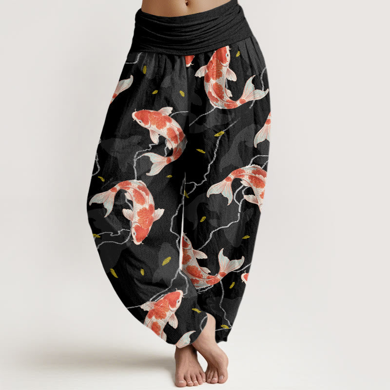 Pantalones bombachos de cintura elástica para mujer con estampado de peces koi rojos y blancos en algodón con Buddha Stones - Negro - US22，UK/AU26，EU54 (6XL) - image 7