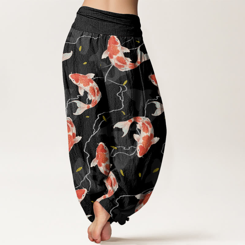 Pantalones bombachos de cintura elástica para mujer con estampado de peces koi rojos y blancos en algodón con Buddha Stones - image 8
