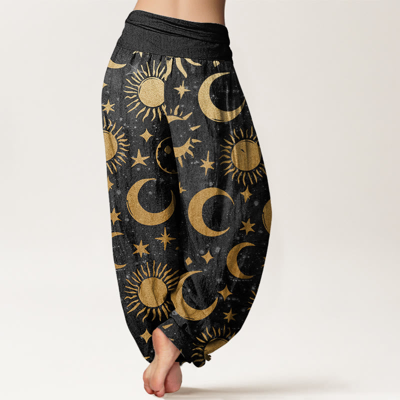 Pantalones bombachos de cintura elástica para mujer con diseño de luna creciente, sol y estrellas en algodón con Buddha Stones - image 1