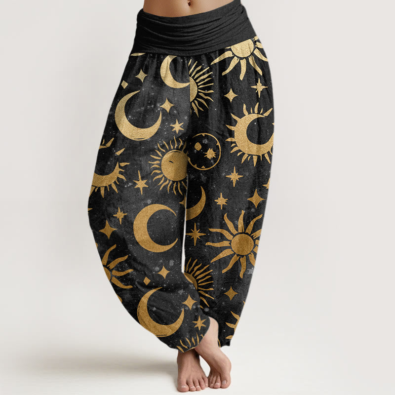 Pantalones bombachos de cintura elástica para mujer con diseño de luna creciente, sol y estrellas en algodón con Buddha Stones - Negro - US22，UK/AU26，EU54 (6XL) - image 0
