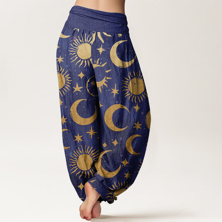Pantalones bombachos de cintura elástica para mujer con diseño de luna creciente, sol y estrellas en algodón con Buddha Stones - image 5