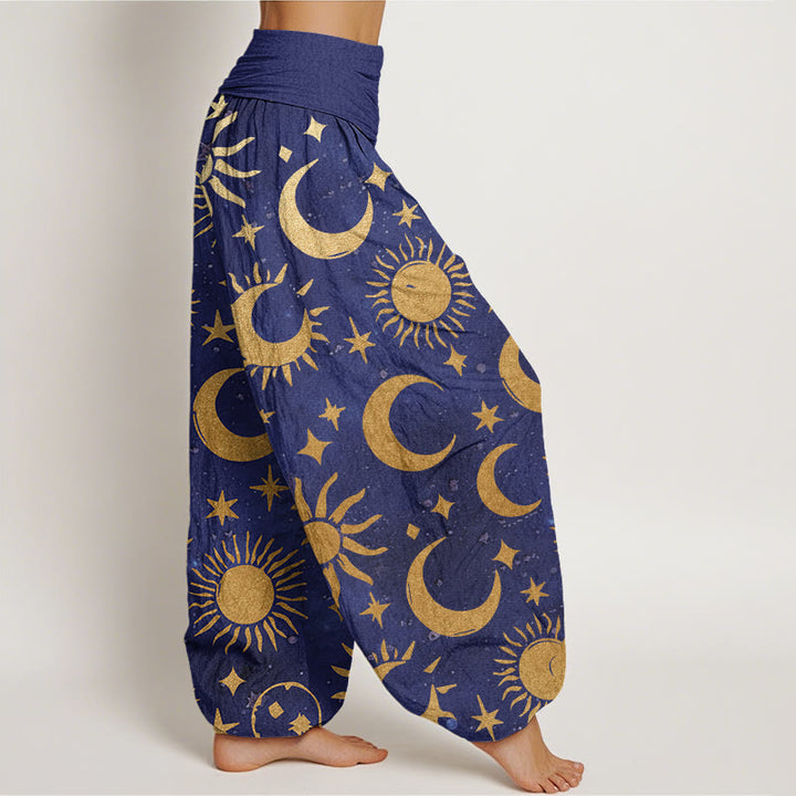 Pantalones bombachos de cintura elástica para mujer con diseño de luna creciente, sol y estrellas en algodón con Buddha Stones - image 6