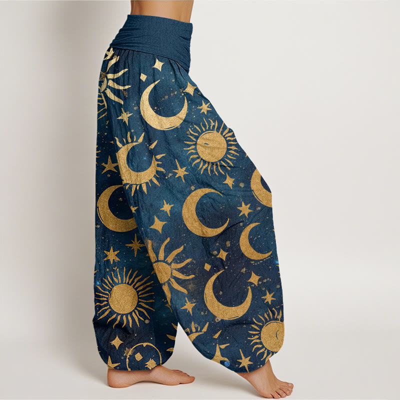 Pantalones bombachos de cintura elástica para mujer con diseño de luna creciente, sol y estrellas en algodón con Buddha Stones - image 9