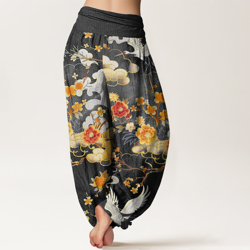 Pantalones bombachos de cintura elástica para mujer con estampado de Buddha Stones, nubes auspiciosas, grullas blancas y flores rojas. - image 5