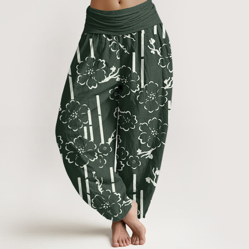 Pantalones harén con cintura elástica para mujer con diseño de líneas florales y Buddha Stones - Verdemar - US22，UK/AU26，EU54 (6XL) - image 1