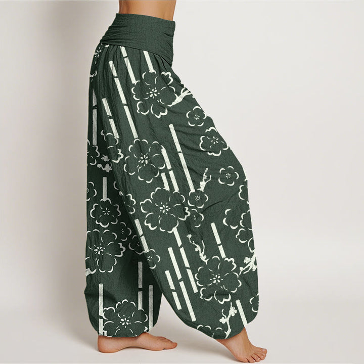 Pantalones harén con cintura elástica para mujer con diseño de líneas florales y Buddha Stones - image 3