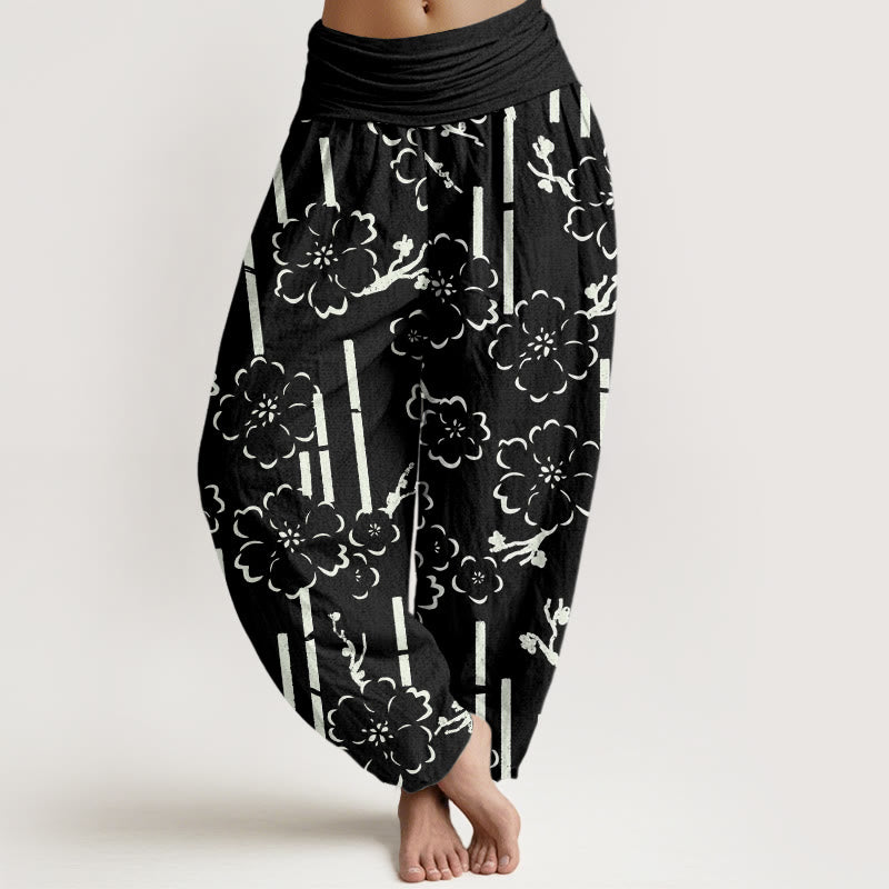 Pantalones harén con cintura elástica para mujer con diseño de líneas florales y Buddha Stones - Negro - US22，UK/AU26，EU54 (6XL) - image 5