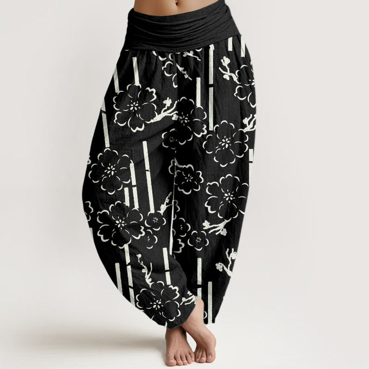 Pantalones harén con cintura elástica para mujer con diseño de líneas florales y Buddha Stones - Negro - US22，UK/AU26，EU54 (6XL) - image 5