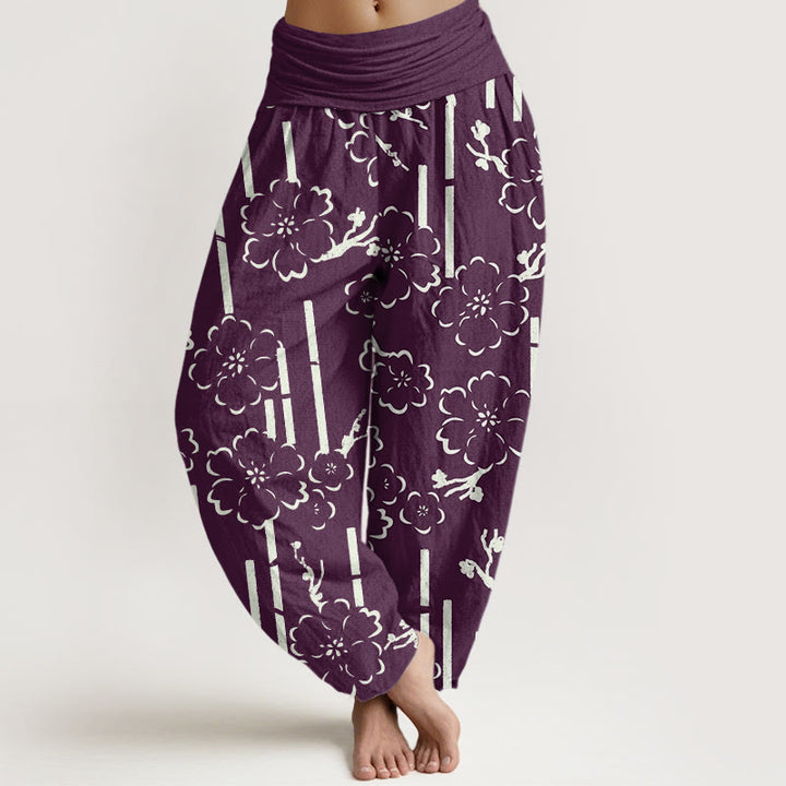 Pantalones harén con cintura elástica para mujer con diseño de líneas florales y Buddha Stones - Púrpura - US22，UK/AU26，EU54 (6XL) - image 8