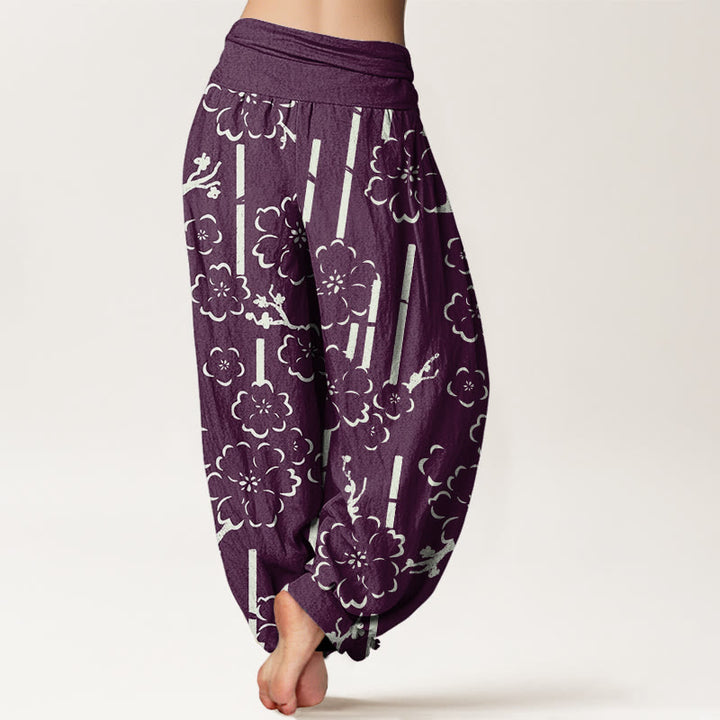 Pantalones harén con cintura elástica para mujer con diseño de líneas florales y Buddha Stones - image 9
