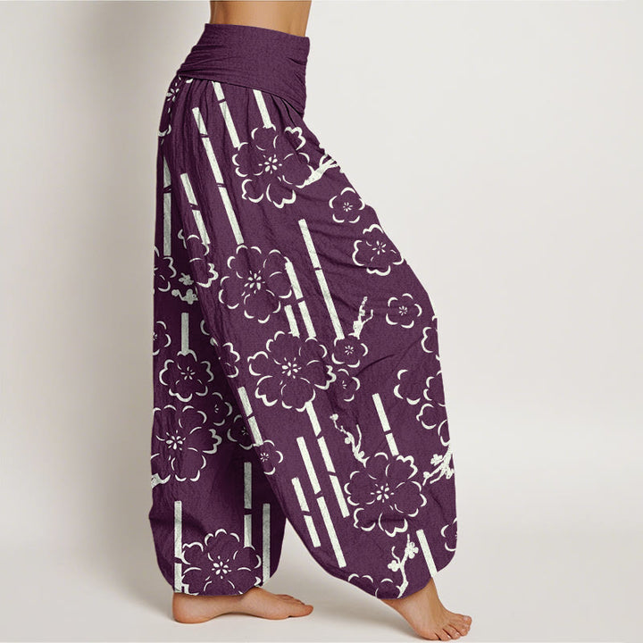 Pantalones harén con cintura elástica para mujer con diseño de líneas florales y Buddha Stones - image 10