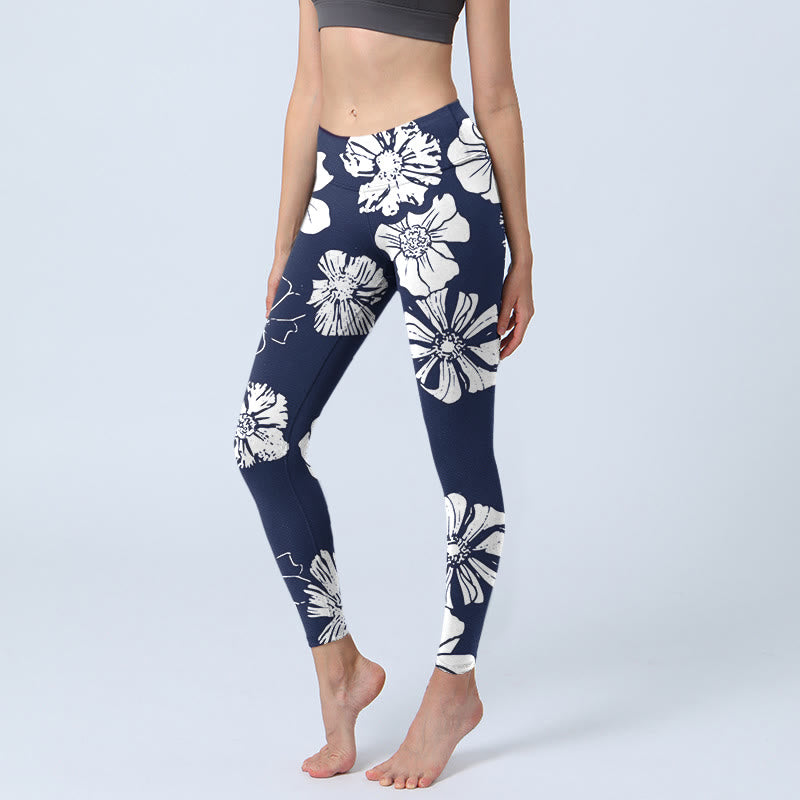 Leggings de yoga para mujer con estampado de plantas y pétalos blancos grandes de Buddha Stones - Azul medianoche - US18，UK/AU22，EU50 (4XL) - image 0