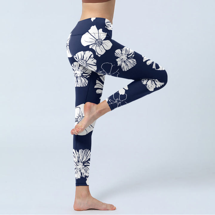Leggings de yoga para mujer con estampado de plantas y pétalos blancos grandes de Buddha Stones - image 3