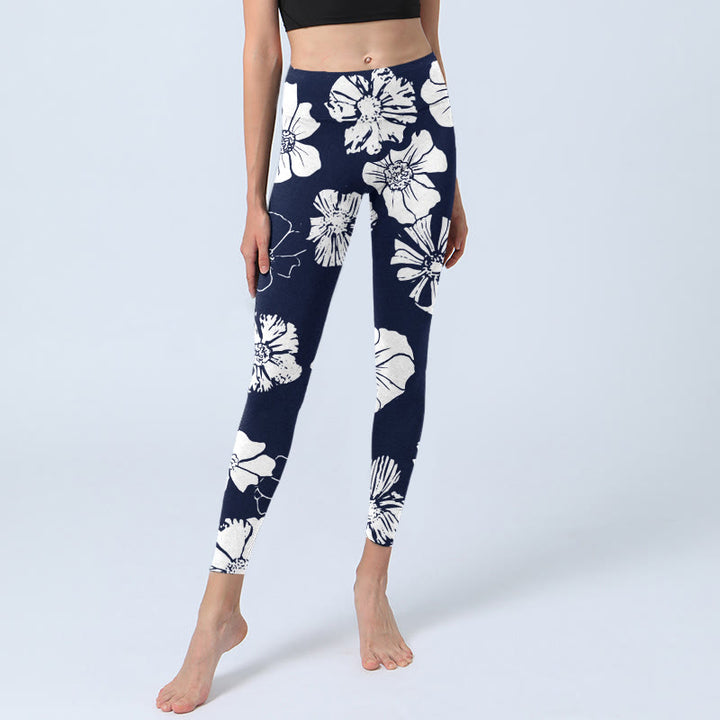 Leggings de yoga para mujer con estampado de plantas y pétalos blancos grandes de Buddha Stones - image 6