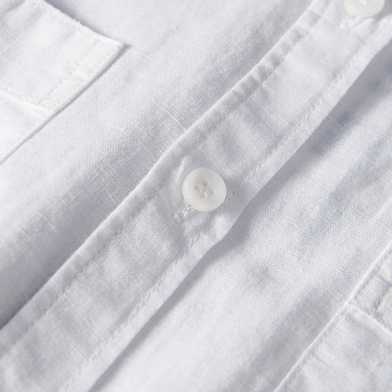 Buddha Stones Camisa informal de lino y algodón de manga corta para hombre, con cuello alto, botones sencillos y bolsillos delanteros. - image 4
