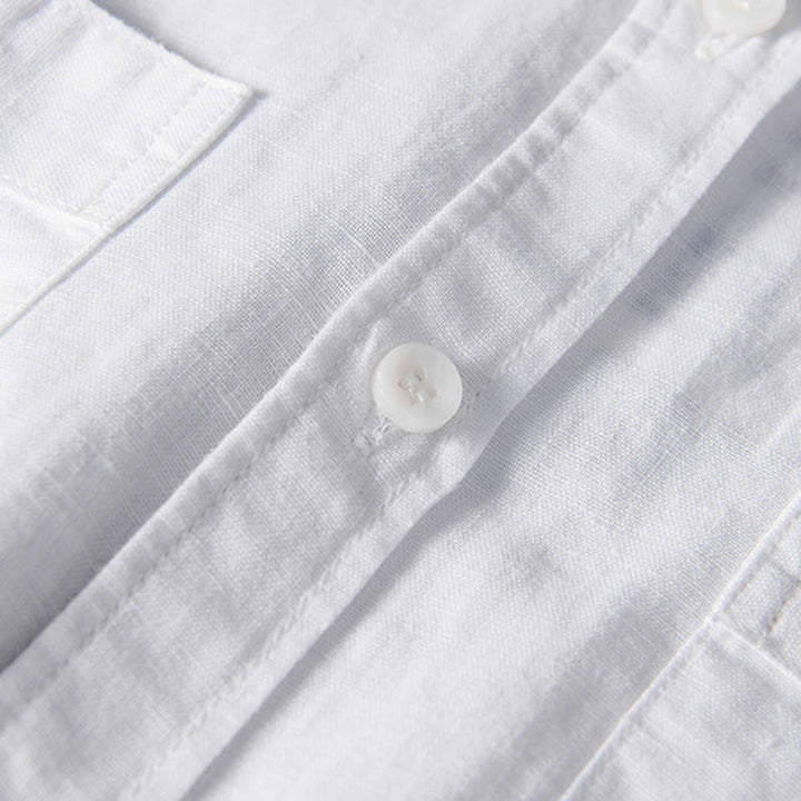 Buddha Stones Camisa informal de lino y algodón de manga corta para hombre, con cuello alto, botones sencillos y bolsillos delanteros. - image 4