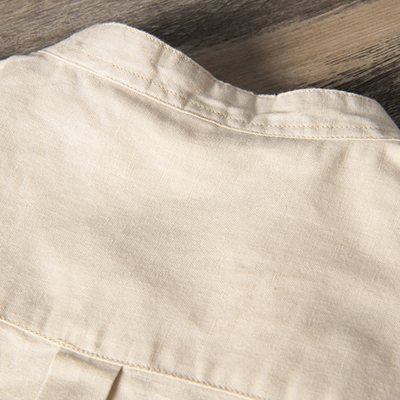 Buddha Stones Camisa informal de lino y algodón de manga corta para hombre, con cuello alto, botones sencillos y bolsillos delanteros. - image 11
